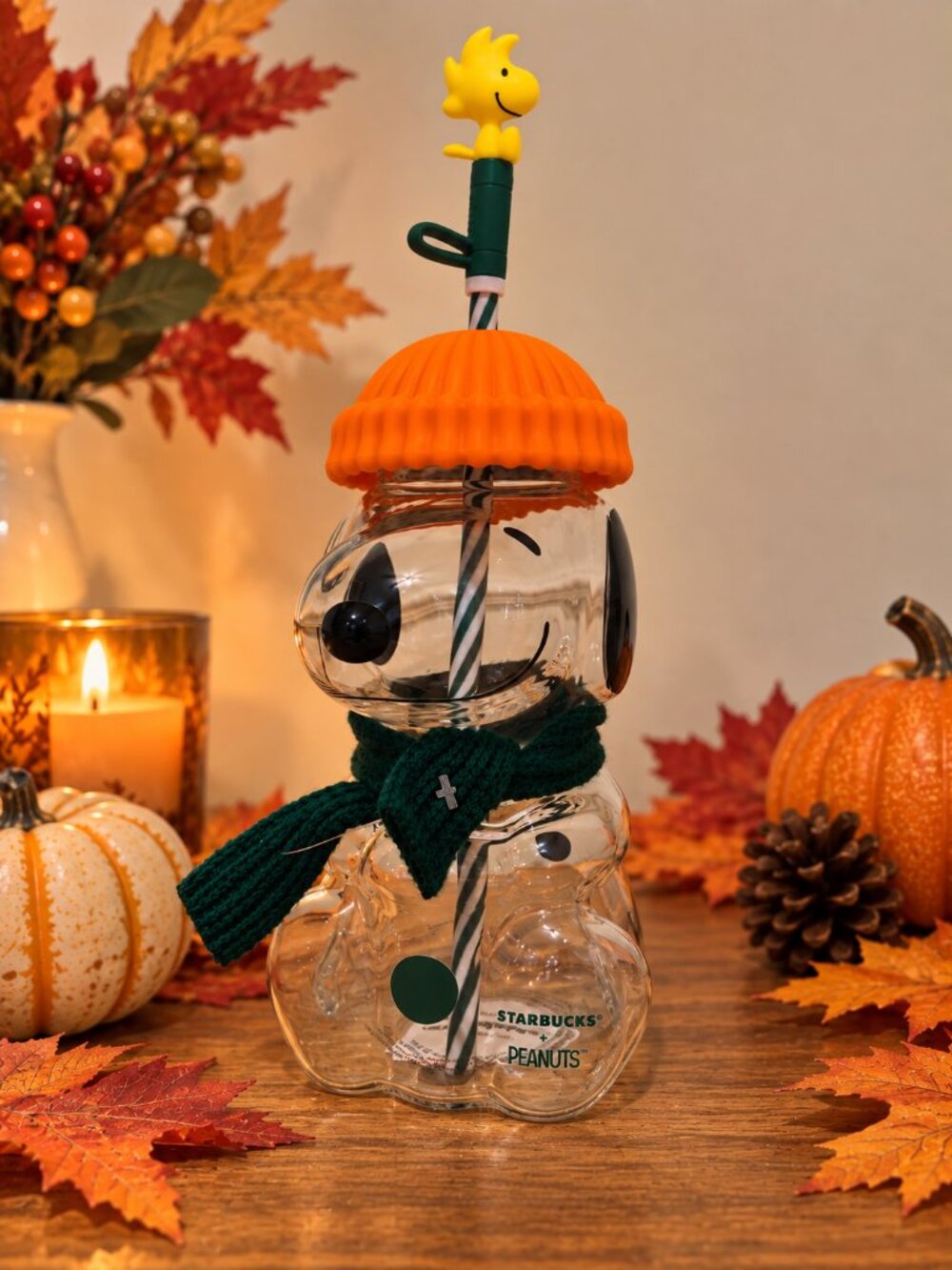 Starbucks Peanuts Snoopy Snowman Glass Cold Cup 20fl oz Woodstock Straw NWT 2026